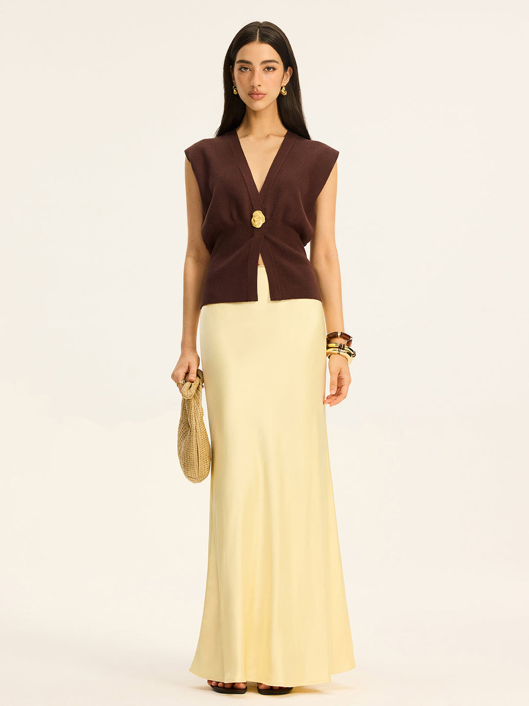 Satin Maxi Skirt with Lace Waistband