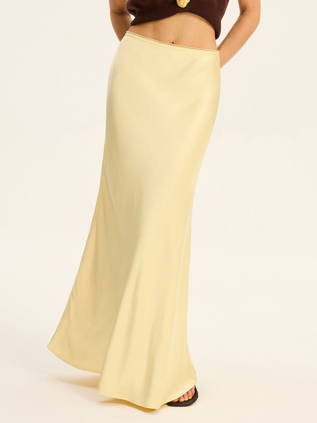 Satin Maxi Skirt with Lace Waistband