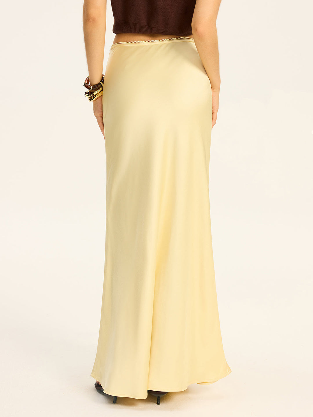 Satin Maxi Skirt with Lace Waistband