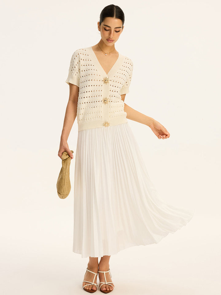 Eyelet Knit Metal Button V-Neck Cardigan