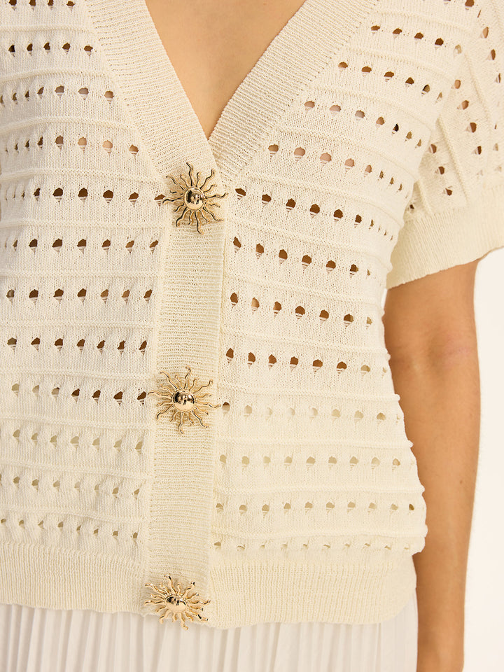 Eyelet Knit Metal Button V-Neck Cardigan