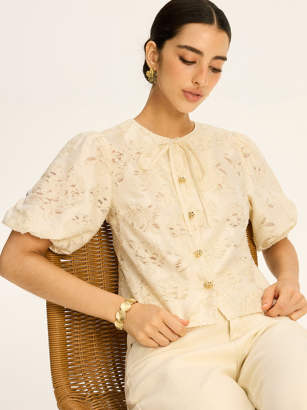 Semi-Sheer Jacquard Metal Button Cotton-Blend Top