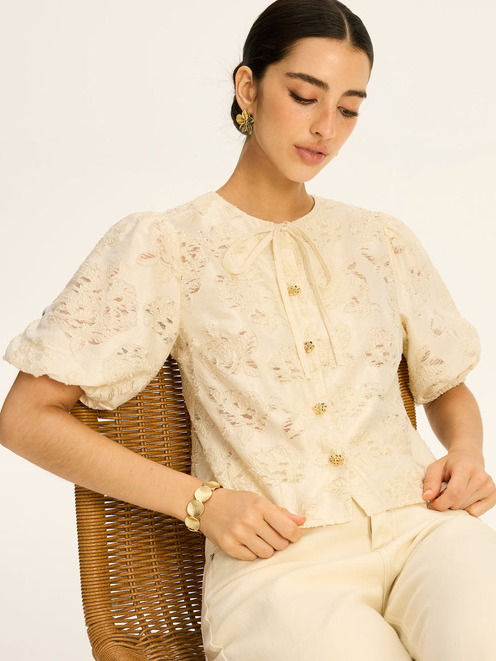 Semi-Sheer Jacquard Metal Button Cotton-Blend Top