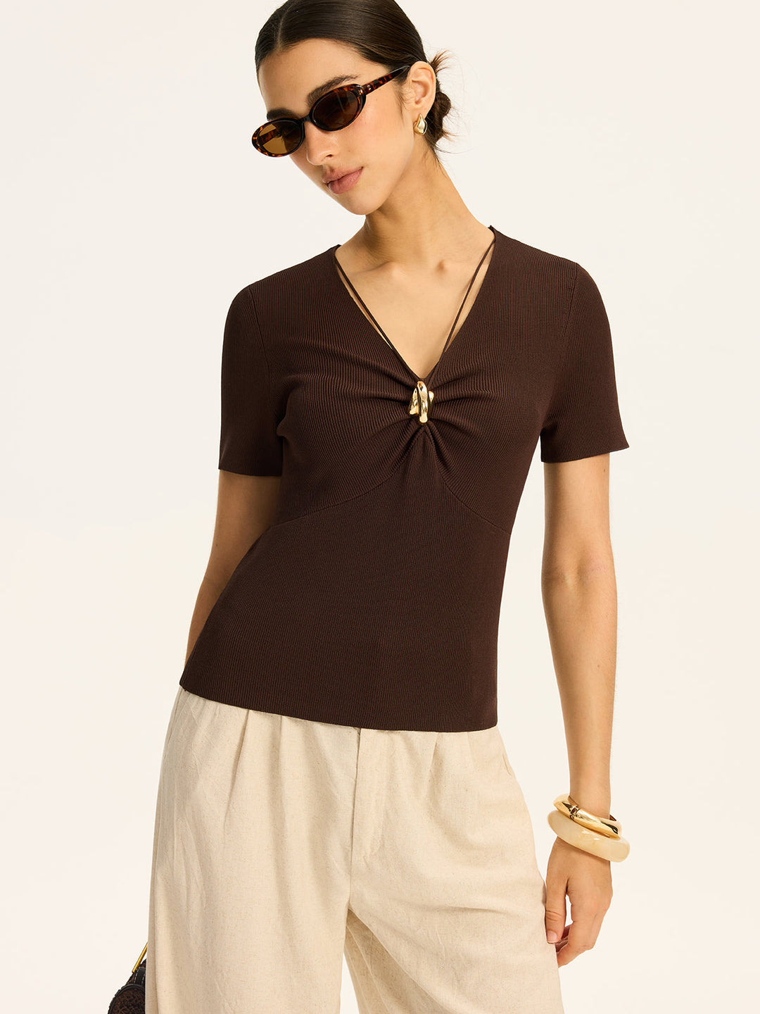 Metal Detail Ribbed Knit Top