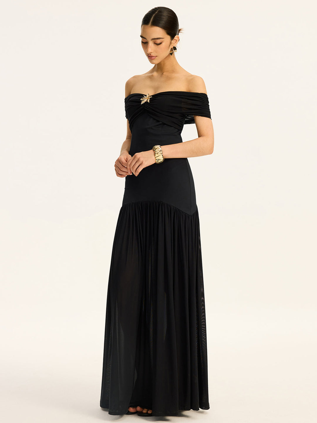 Semi-Sheer Off-Shoulder Ruched Mesh-Paneled Maxi Dress