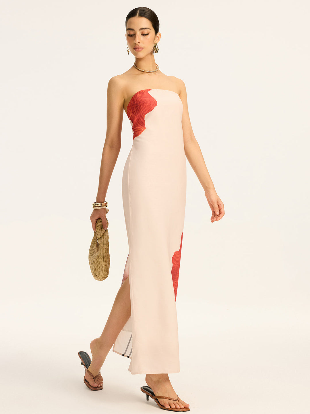 Strapless Printed Maxi Dress with Back Bow and Slit