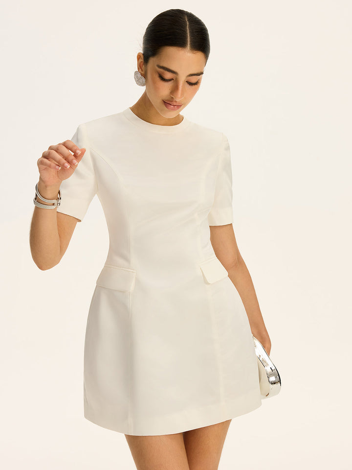 Short-Sleeved  Waist-Cinching Mini Dress with Decor Pockets