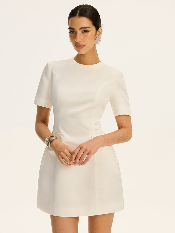 Short-Sleeved  Waist-Cinching Mini Dress with Decor Pockets