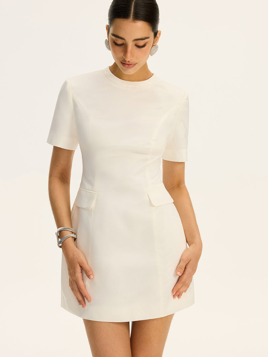 Short-Sleeved  Waist-Cinching Mini Dress with Decor Pockets