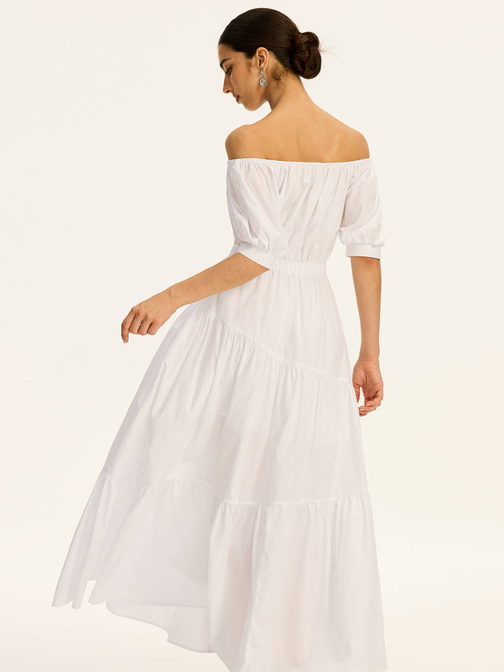 Cotton Off-Shoulder Short-Sleeve Maxi Dress