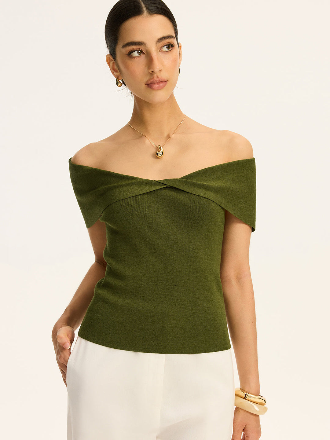Off-Shoulder Twist-Front Knit Top