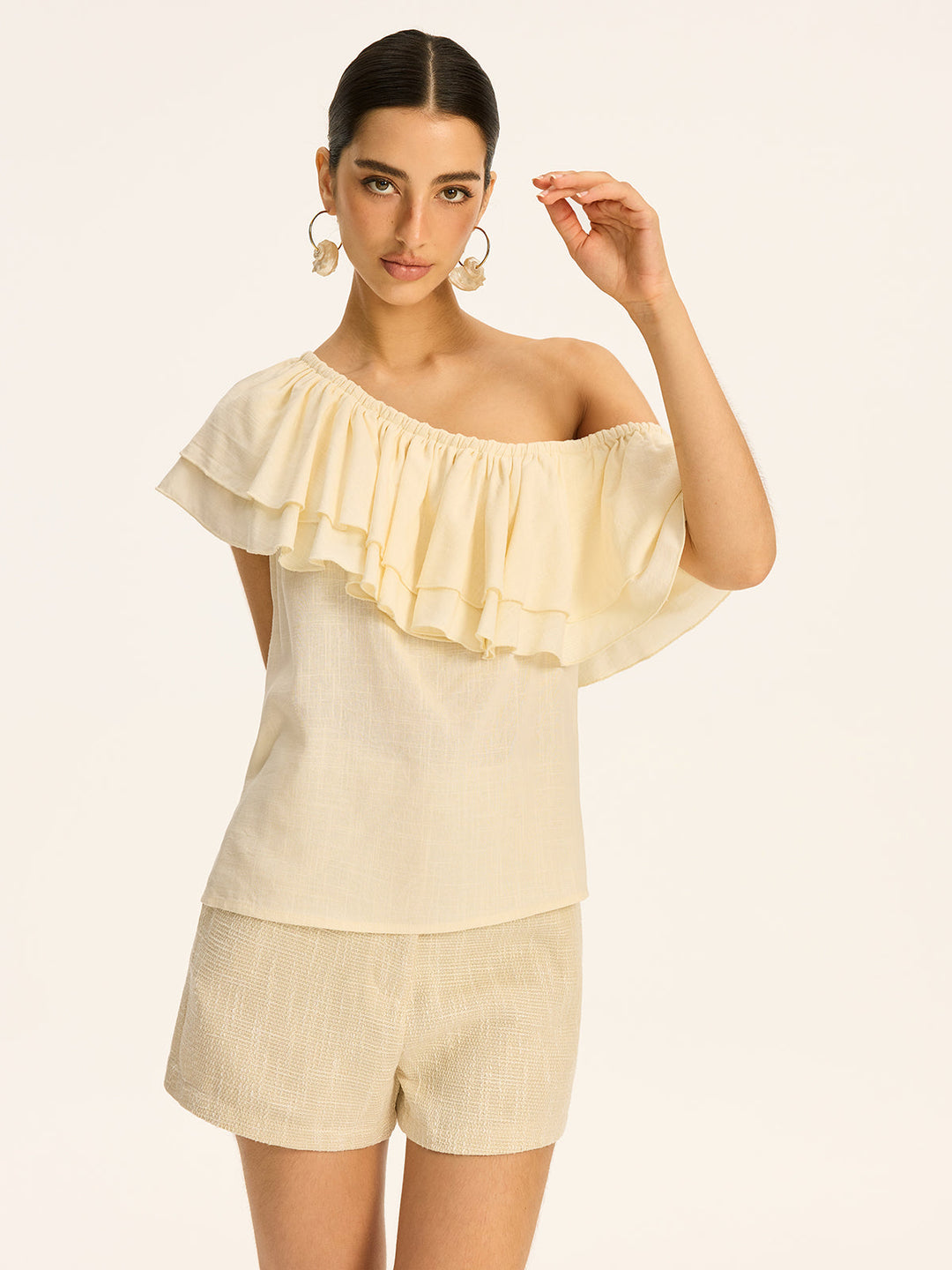 Cotton & Linen One-Shoulder Ruffled Top