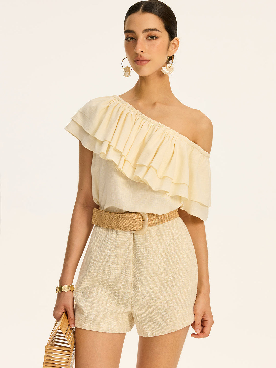 Cotton & Linen One-Shoulder Ruffled Top
