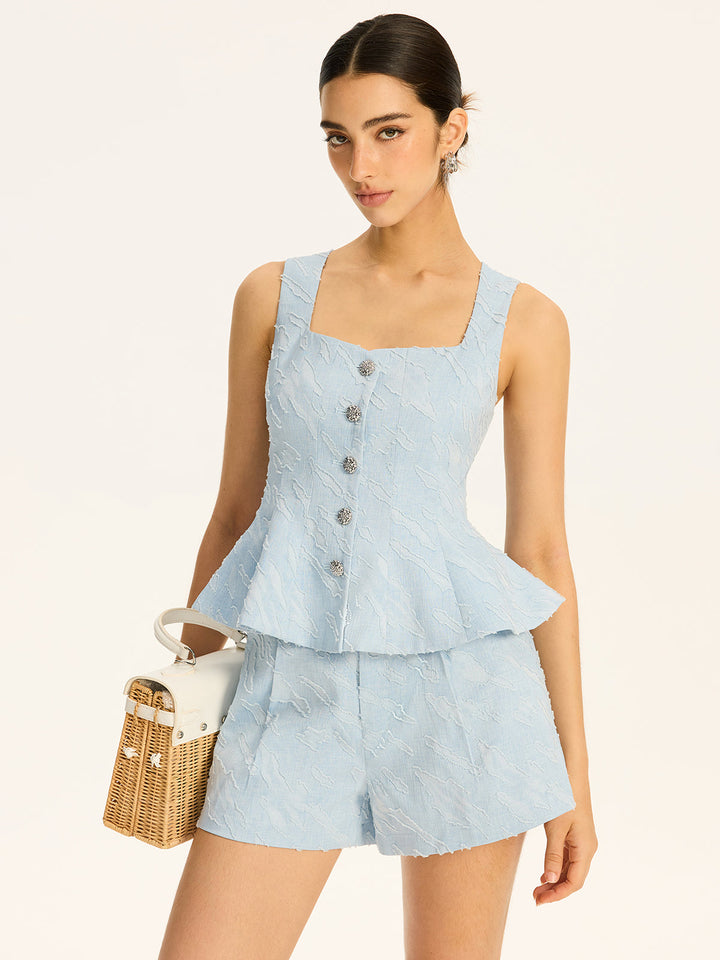 Textured Fabric Metal Button Peplum Vest