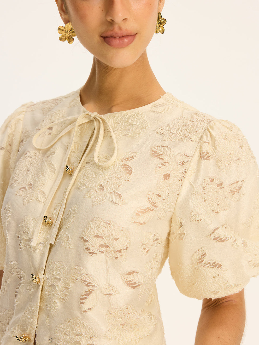 Semi-Sheer Jacquard Metal Button Cotton-Blend Top