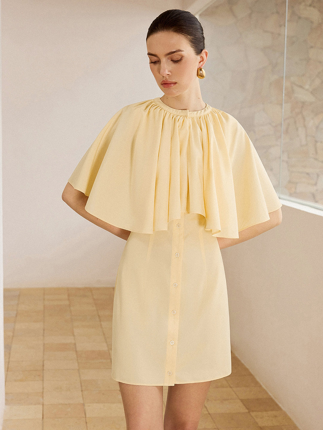 Cape-Sleeve Button-Front Mini Dress