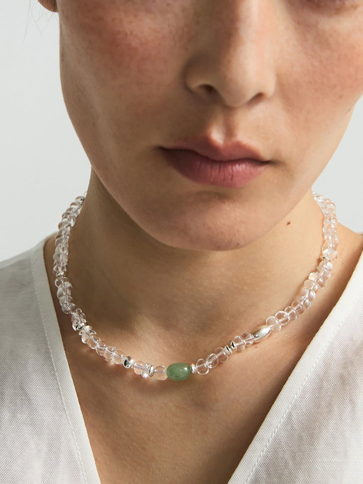Clear Crystal Beaded Necklace with Green Gemstone Accent