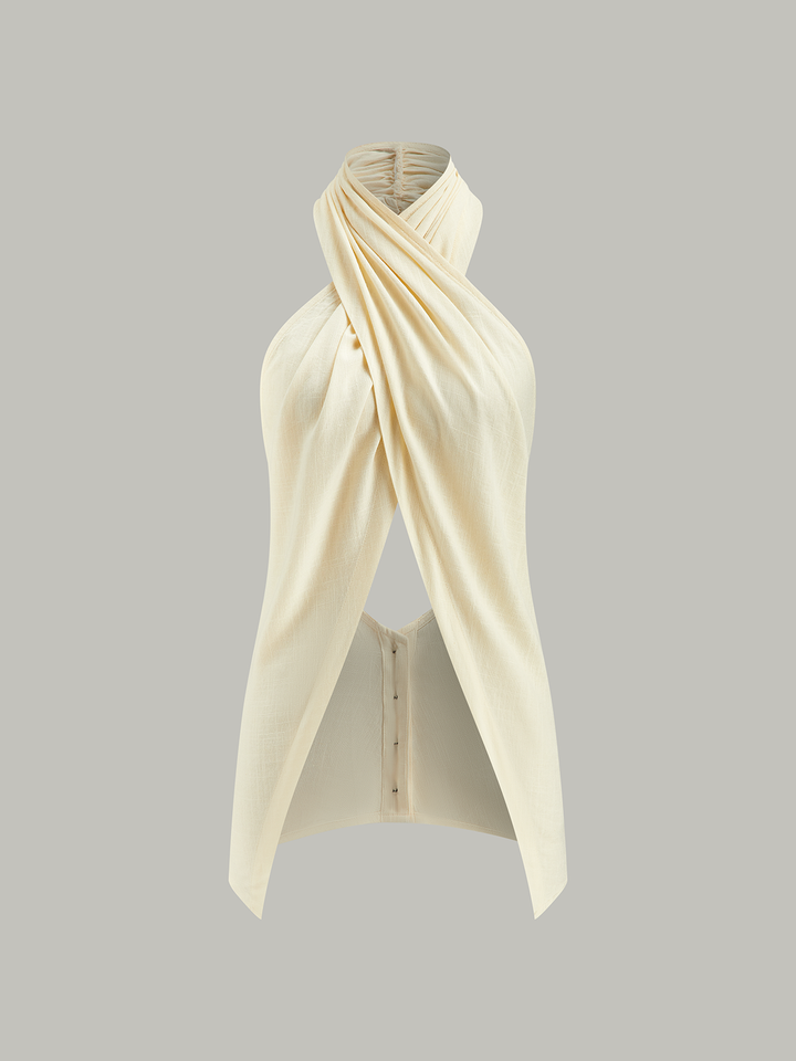 Semi-Sheer Cross-Halter Neck Wrap Top