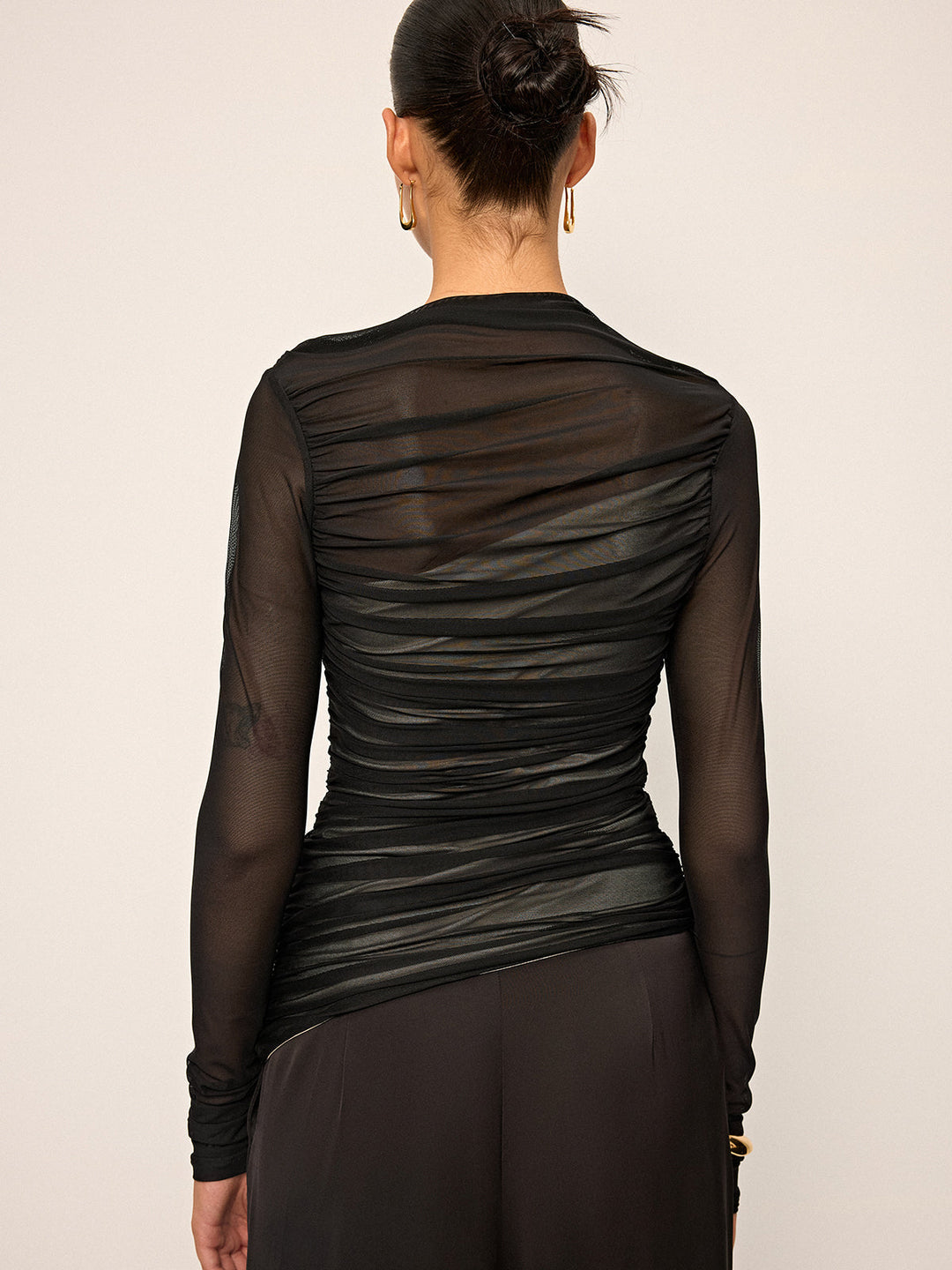 Sheer Mesh Ruched Long-Sleeve Top