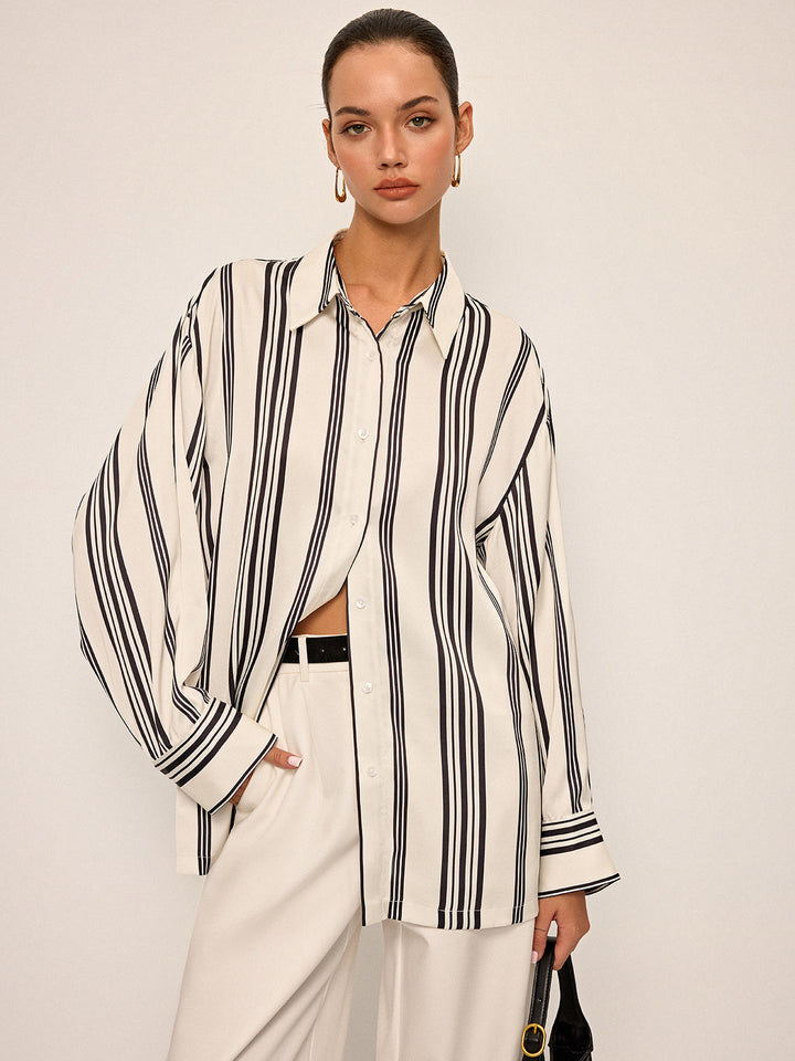 Oversized Satin Striped Shirt with Cut-Out Back Detail