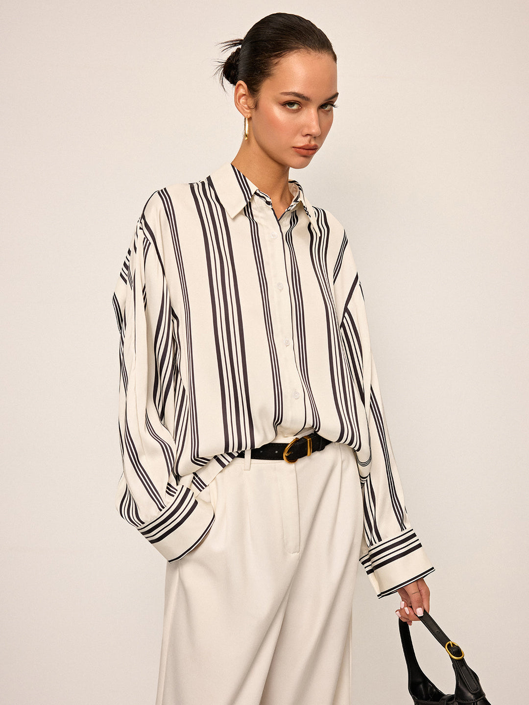 Oversized Satin Striped Shirt with Cut-Out Back Detail