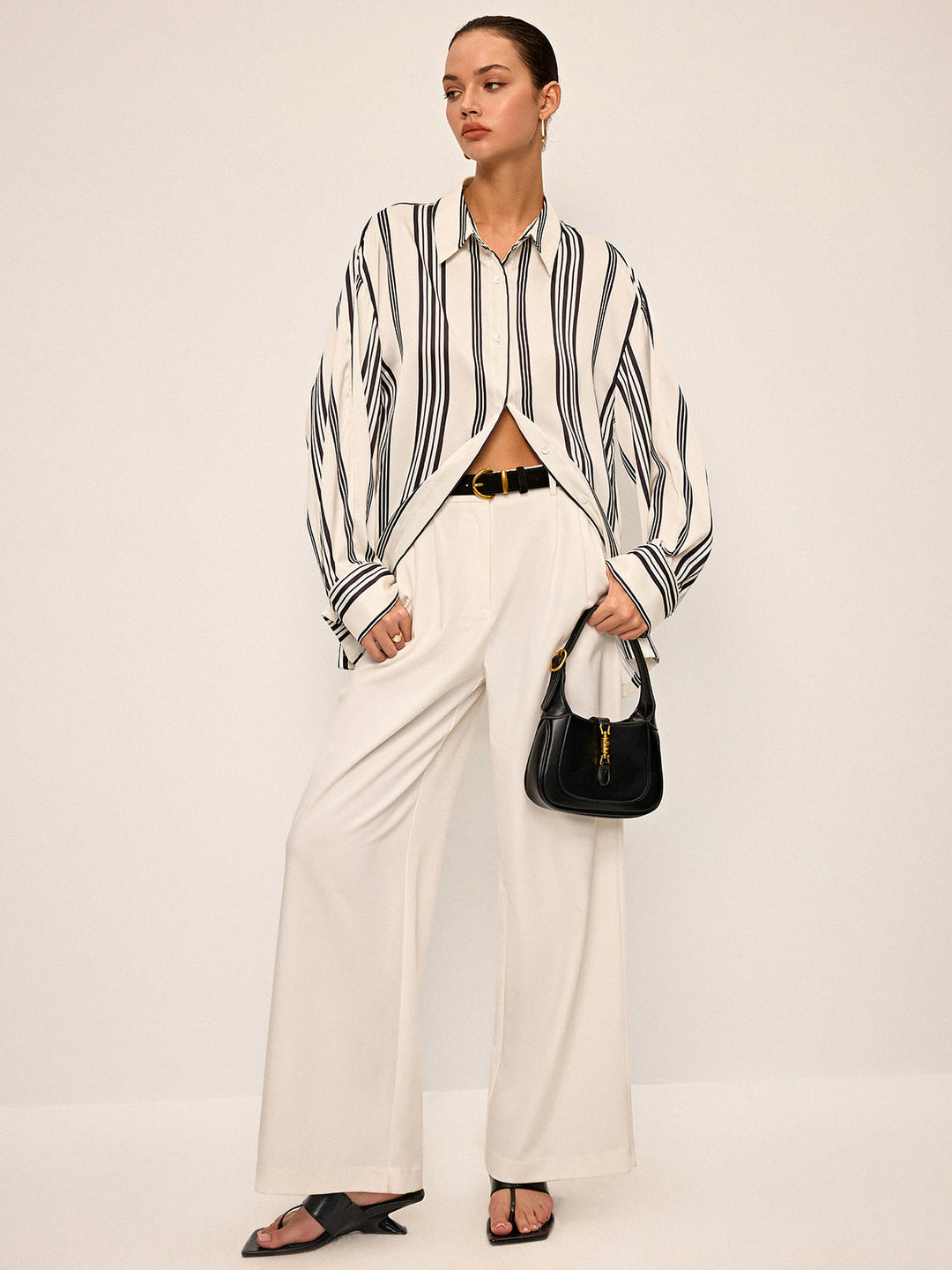 Oversized Satin Striped Shirt with Cut-Out Back Detail