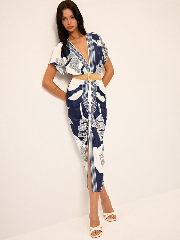 Printed Deep V-Neck Midi Dress Without Belt
