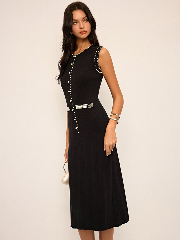 Pearl  Detail Sleeveless Knit Midi Dres