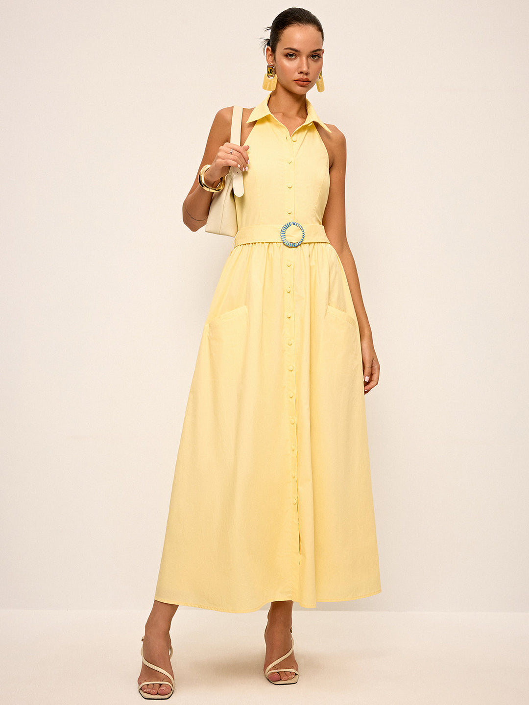 Halter Neck Backless Shirt Dress with Belt