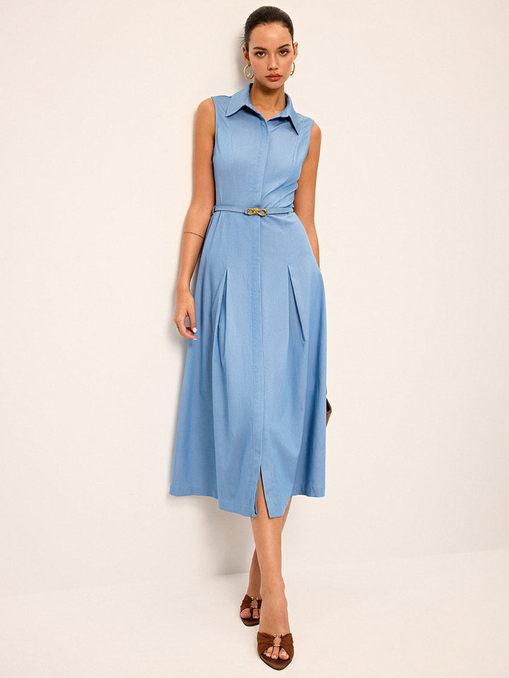 Belted Sleeveless Shirt Midi Dress