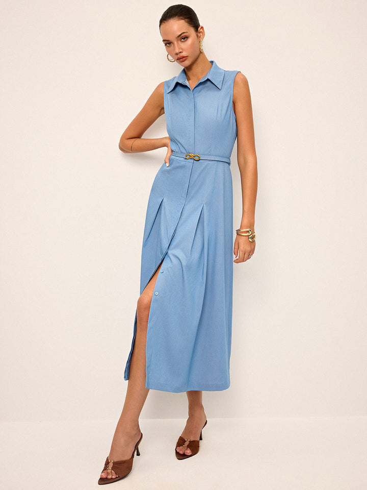Belted Sleeveless Shirt Midi Dress