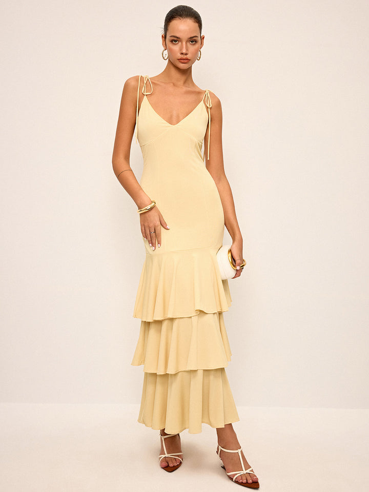 Tie-Strap Shoulder Tiered Maxi Dress