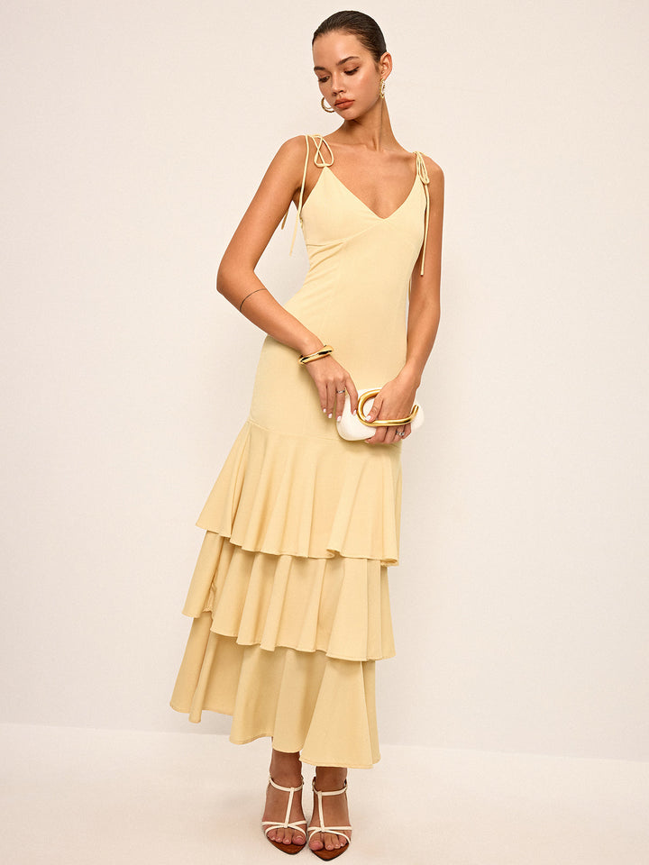 Tie-Strap Shoulder Tiered Maxi Dress