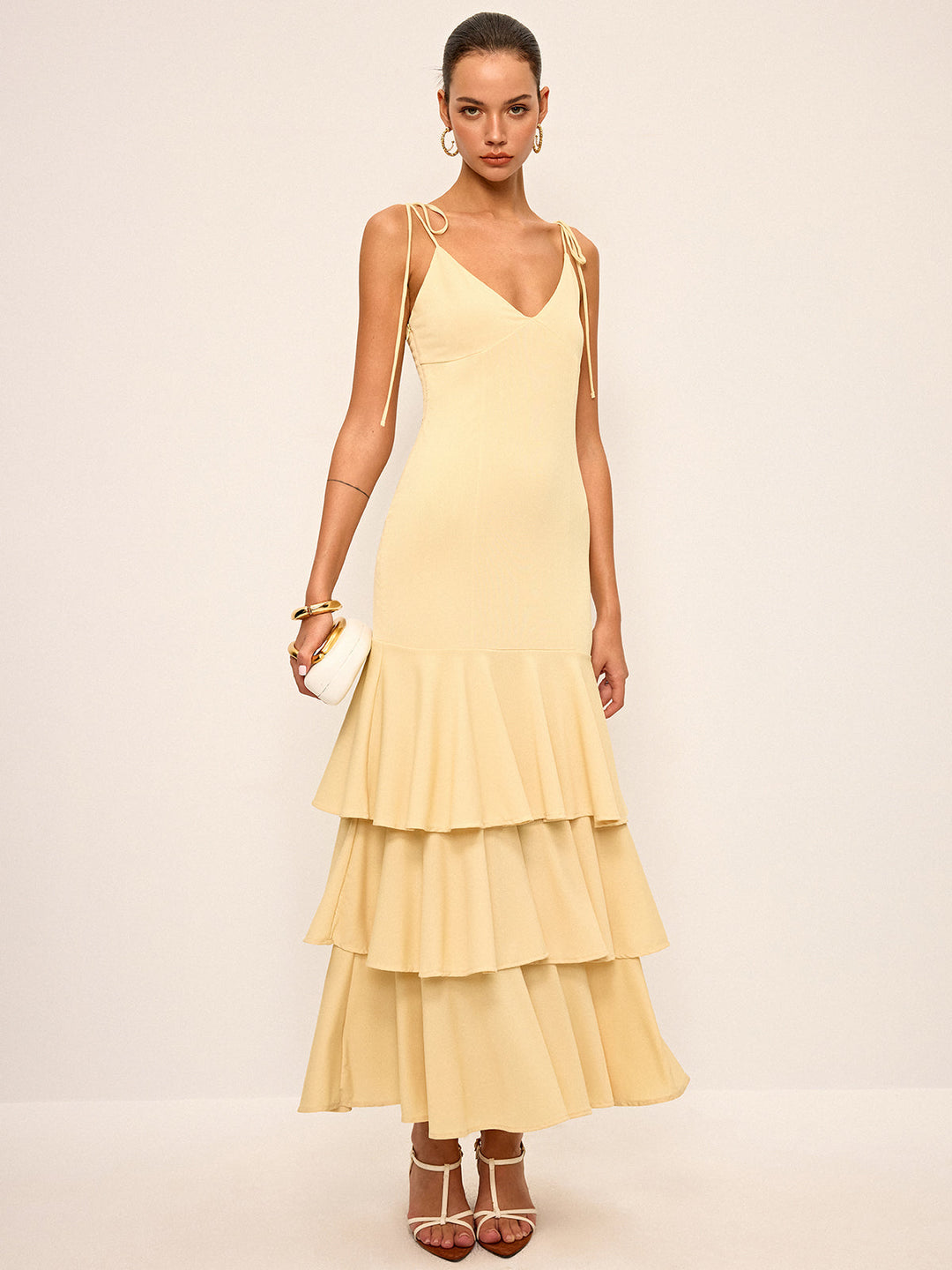 Tie-Strap Shoulder Tiered Maxi Dress