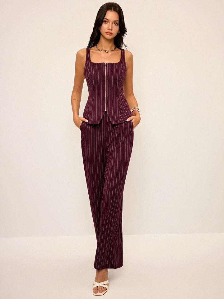 Pinstripe Zipper Vest with Slit