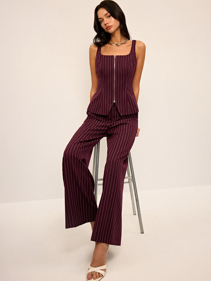 Pinstripe Zipper Vest with Slit
