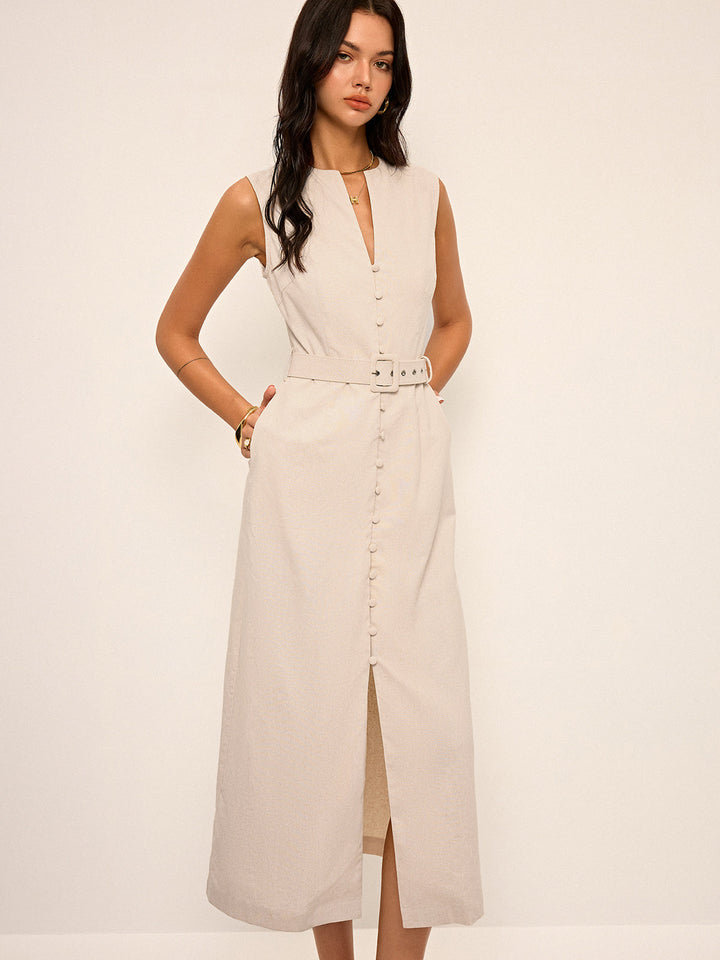 Cotton & Linen Blend V-Neck Belted Midi Dress