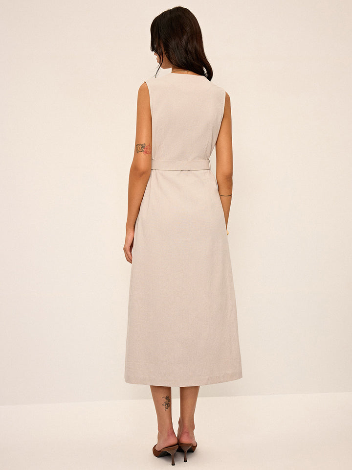 Cotton & Linen Blend V-Neck Belted Midi Dress