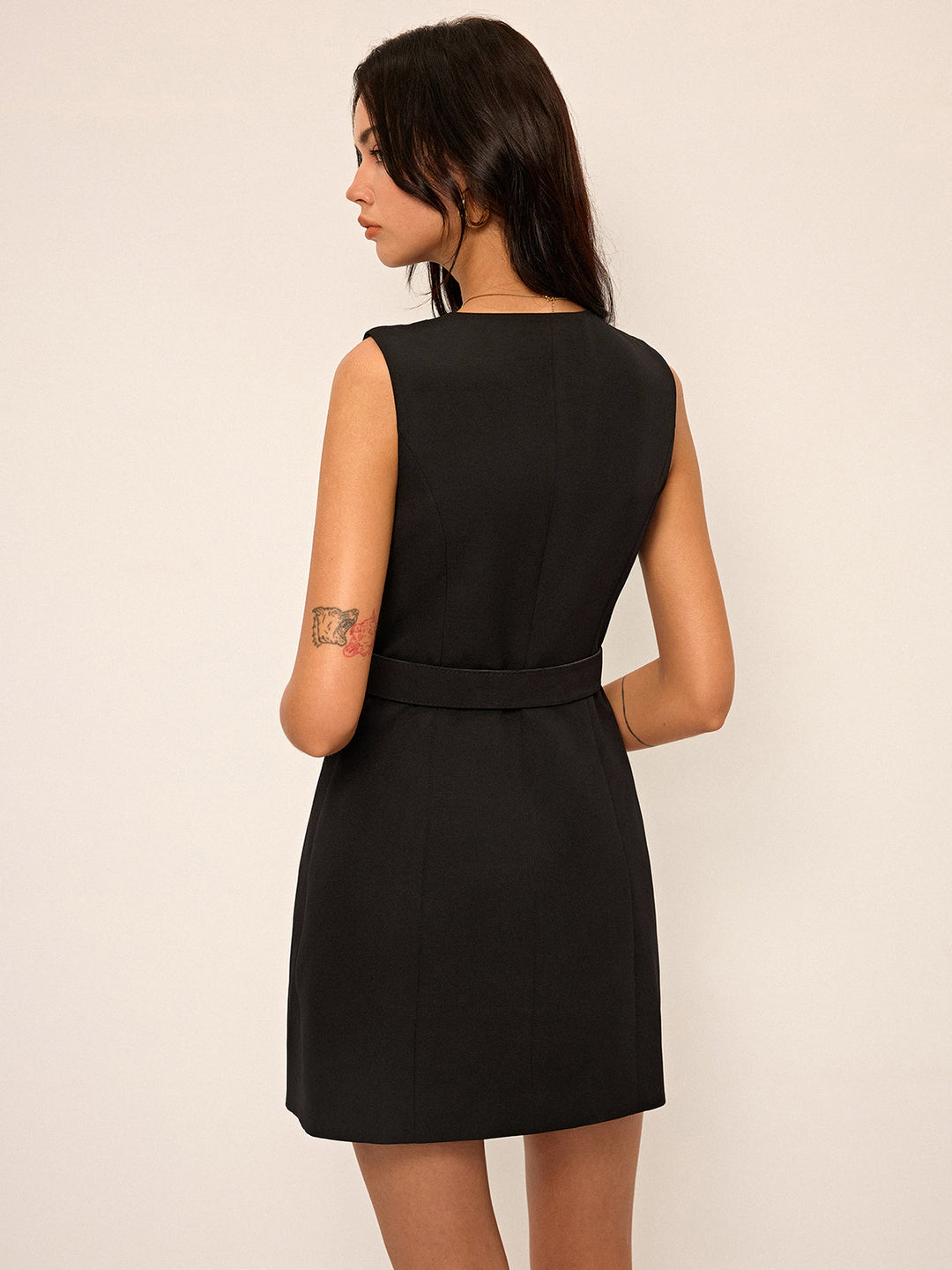 Sleeveless Wrap Mini Dress with Metal Buckle Belt