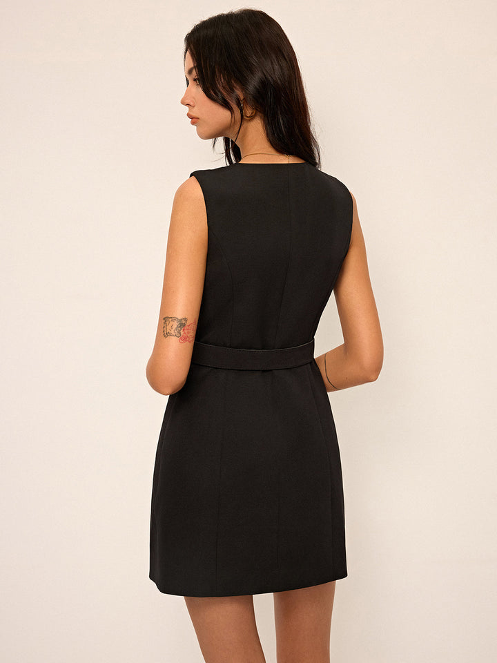 Sleeveless Wrap Mini Dress with Metal Buckle Belt