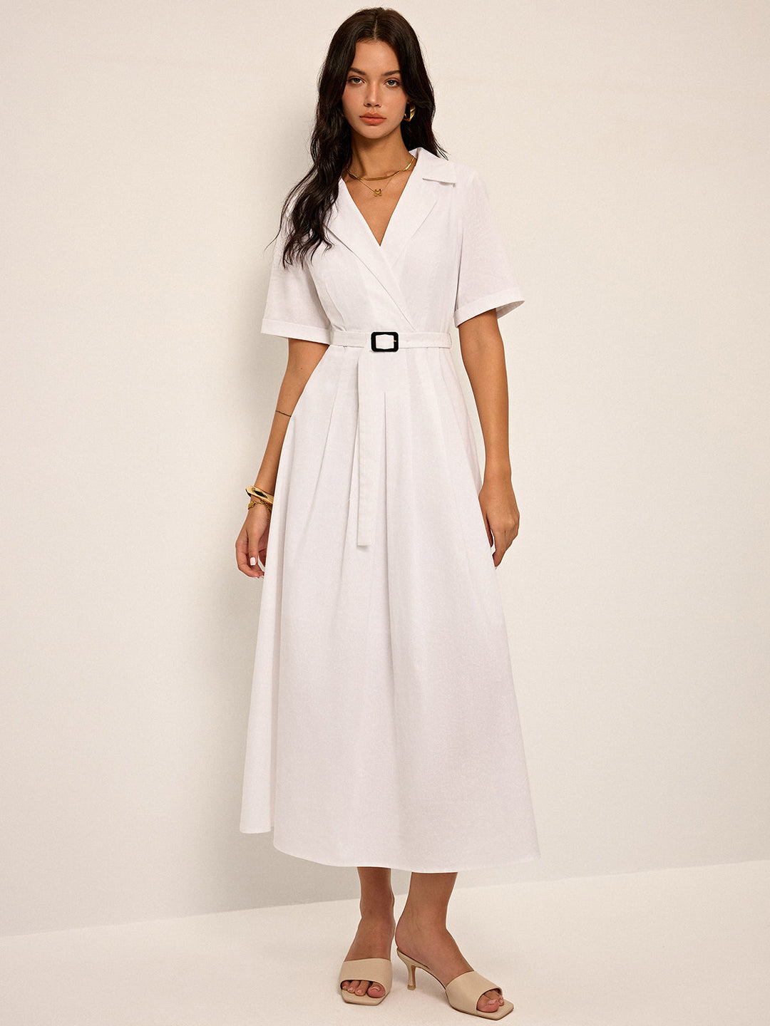 Linen & Blend Belted Pleated Shirt Dress
