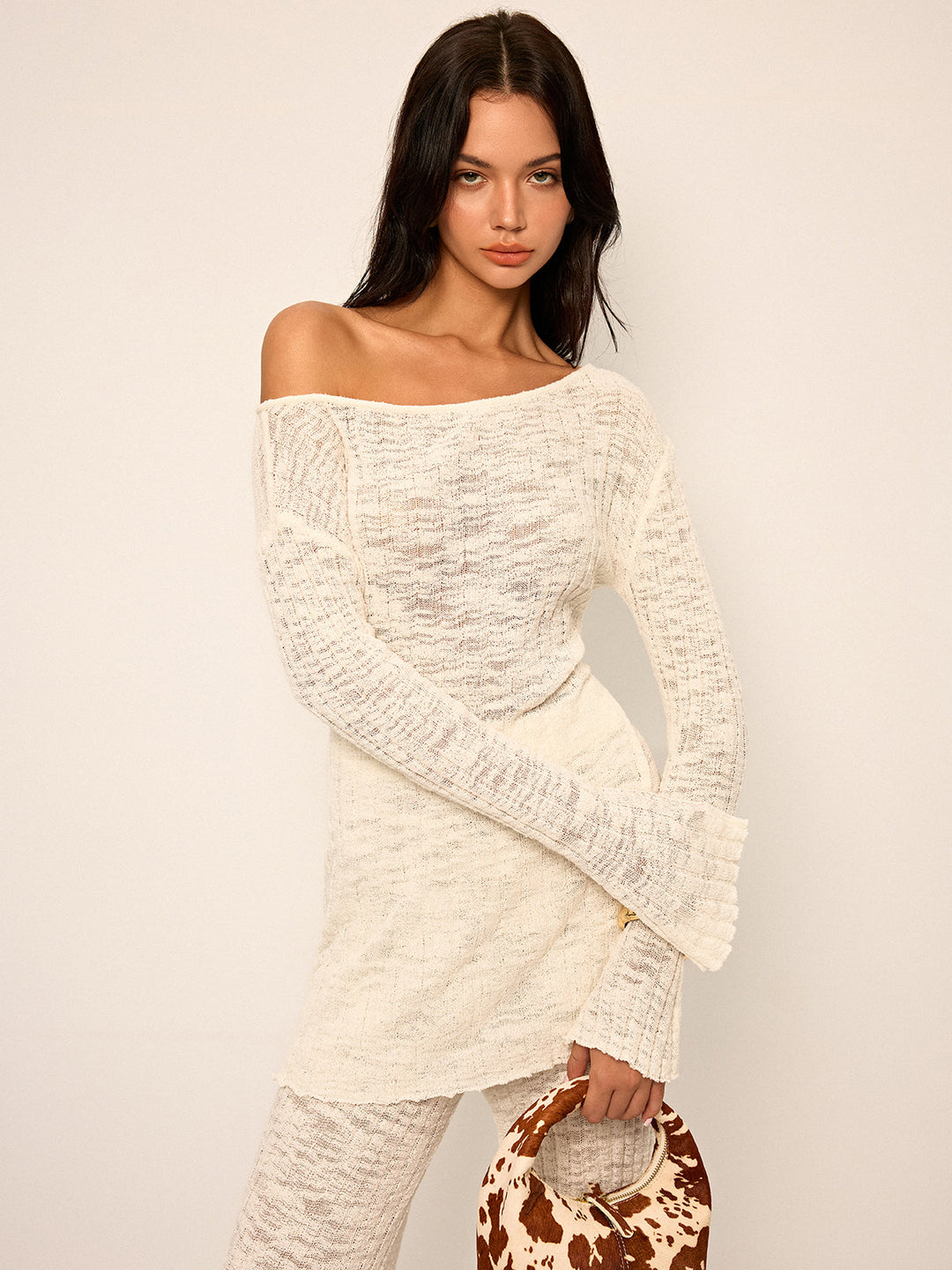 Off-Shoulder Sheer Knit Top and Flared Pants Set