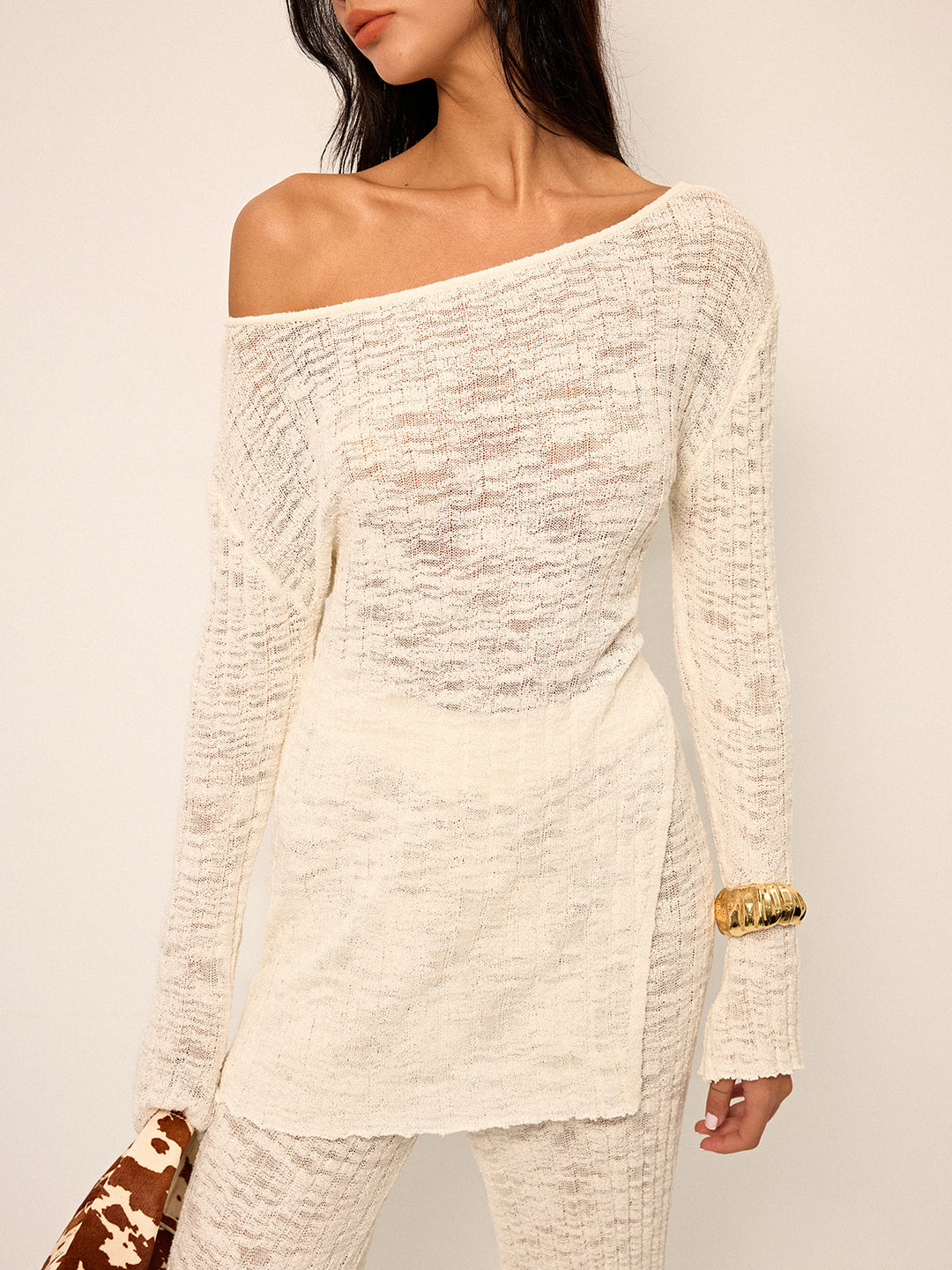 Off-Shoulder Sheer Knit Top and Flared Pants Set