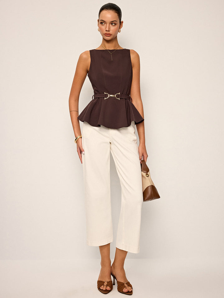 Sleeveless Peplum Top with Metal Buckle Belt