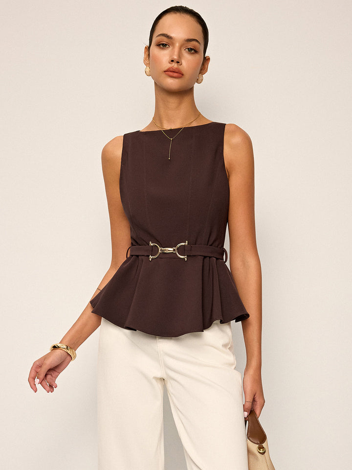Sleeveless Peplum Top with Metal Buckle Belt