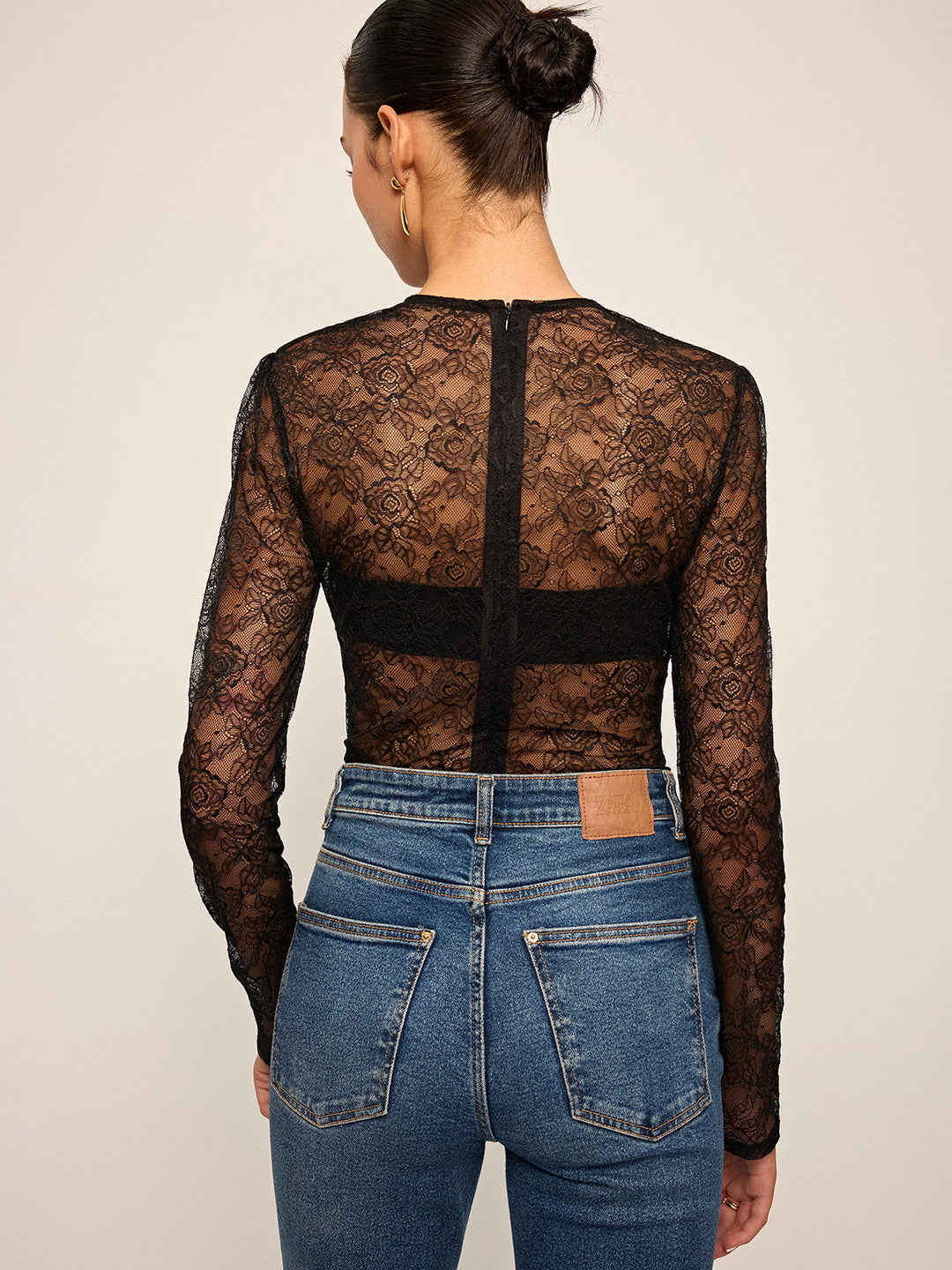 Semi-Sheer Lace Ruched Long Sleeve Top
