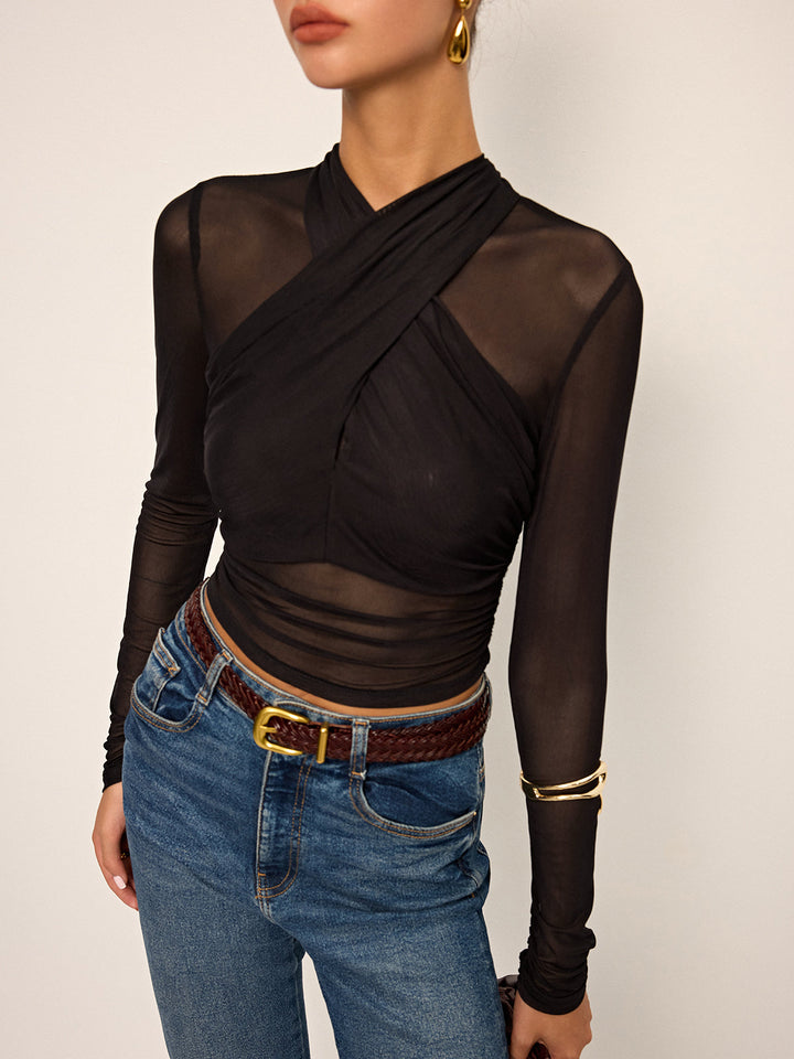 Semi-Sheer Mesh Cross-Front T-Shirt