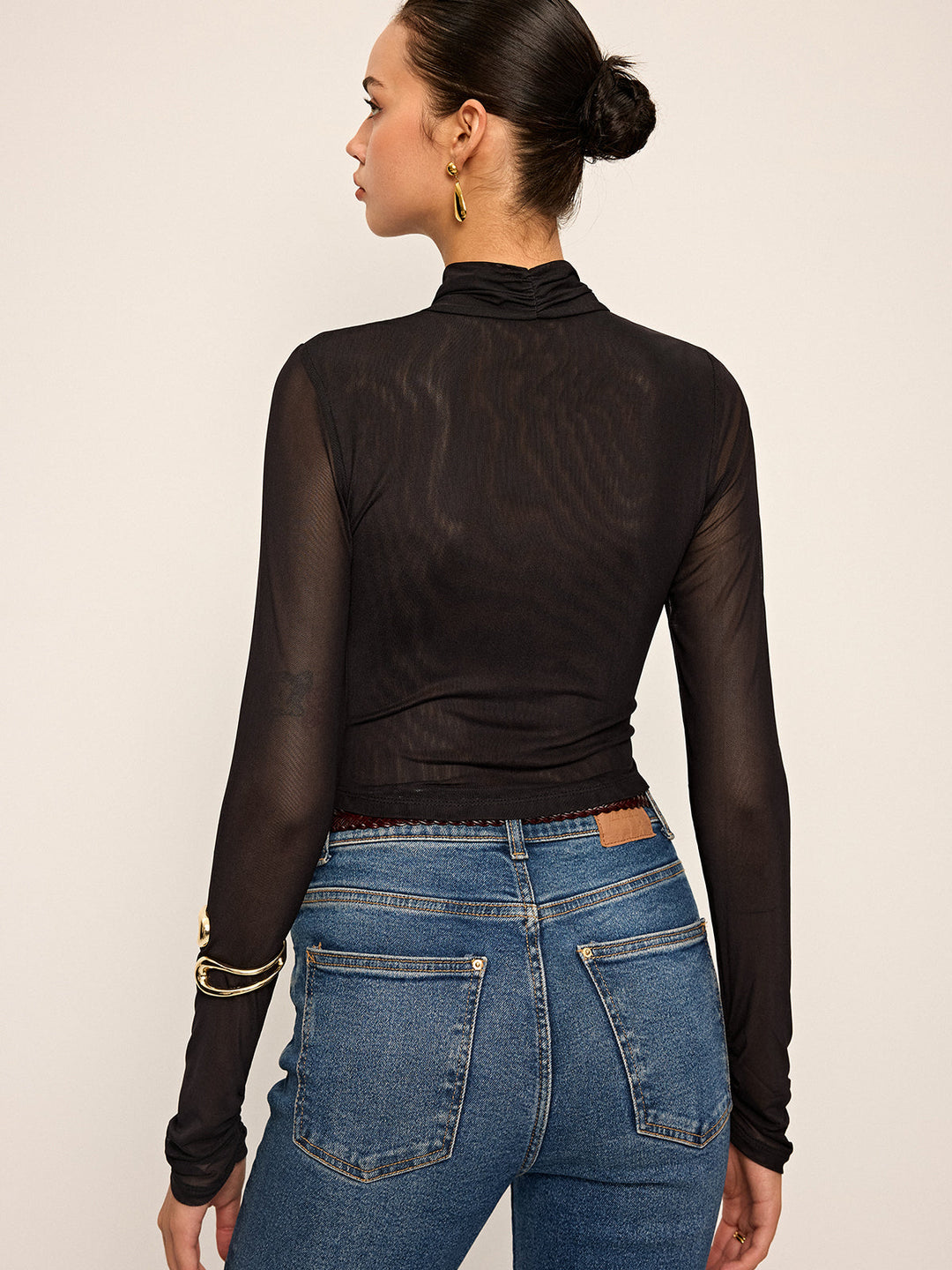 Semi-Sheer Mesh Cross-Front T-Shirt