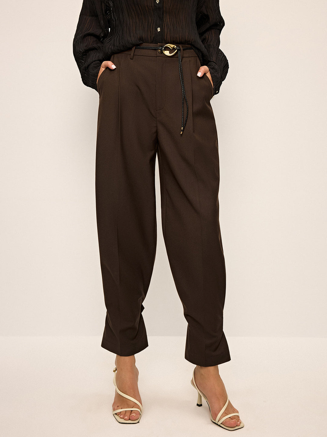 Pleated Wide-Leg Pants with Ankle Button Detail