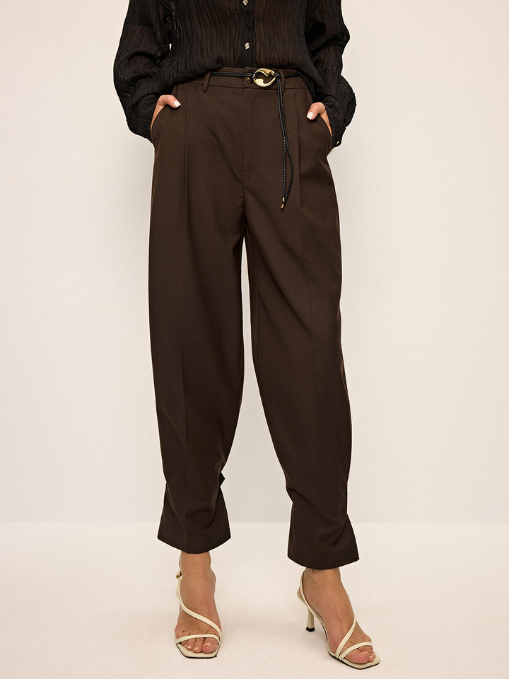 Pleated Wide-Leg Pants with Ankle Button Detail